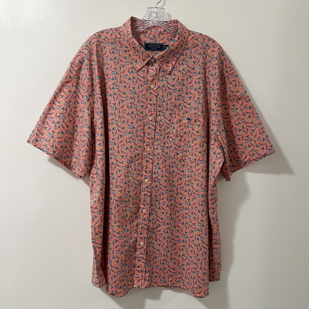 Vineyard Vines Mens XXL Pink Pineapple Cocktail Print Short Sleeve Button Shirt